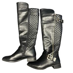 Shoe Dazzle Black Knee Boots Faux Leather Back Quilted Side Zip Size 6